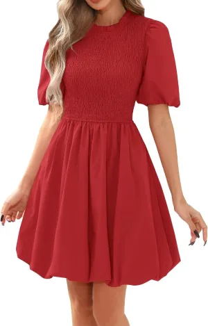 Womens Boho Dresses Short Puff Sleeve Crew Neck Dress Summer Tunics Mini Dress Ruffle A-line Short Dresses for Women