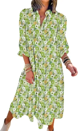 Womens Casual Boho Floral Midi Dresses Puff Sleeve V Neck Ruffle Dresses Summer Loose Dress Tiered Beach Sundress