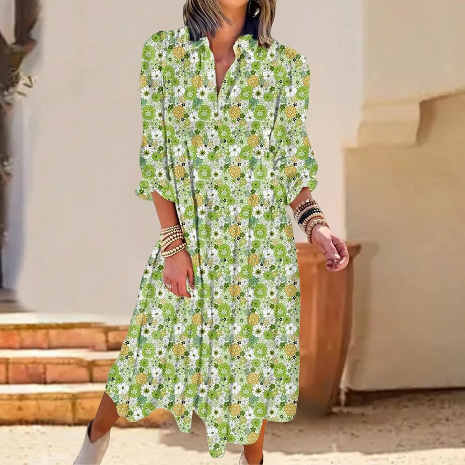 Womens Casual Boho Floral Midi Dresses Puff Sleeve V Neck Ruffle Dresses Summer Loose Dress Tiered Beach Sundress