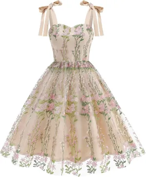 Women's Cocktail Dresses Vintage Style Fashion Embroidered Floral Swing Dress Sexy Sling Bandeau Tea Midi Dress