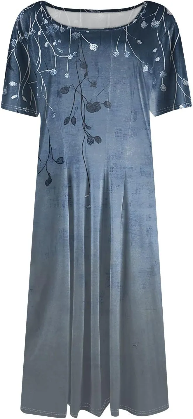 Womens Dresses 2025 Summer Crewneck Short Sleeve Midi Sun Dress Vacation Empire Waist A Line Dress Side Pockets