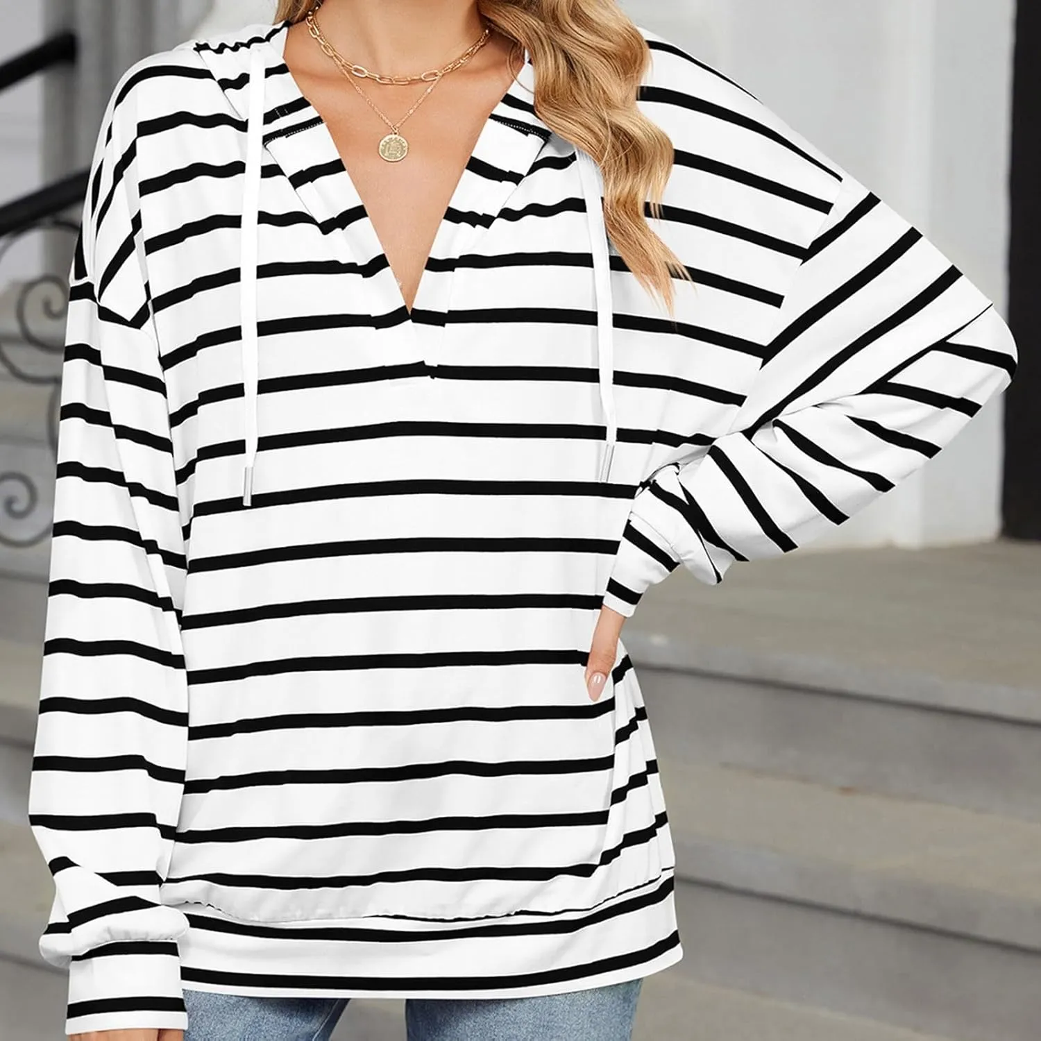 WomenS Hoodie Striped Color Block Long Sleeve V Neck Sweatshirts Casual Loose Drawstring Pullover Fall Tops
