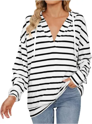 WomenS Hoodie Striped Color Block Long Sleeve V Neck Sweatshirts Casual Loose Drawstring Pullover Fall Tops