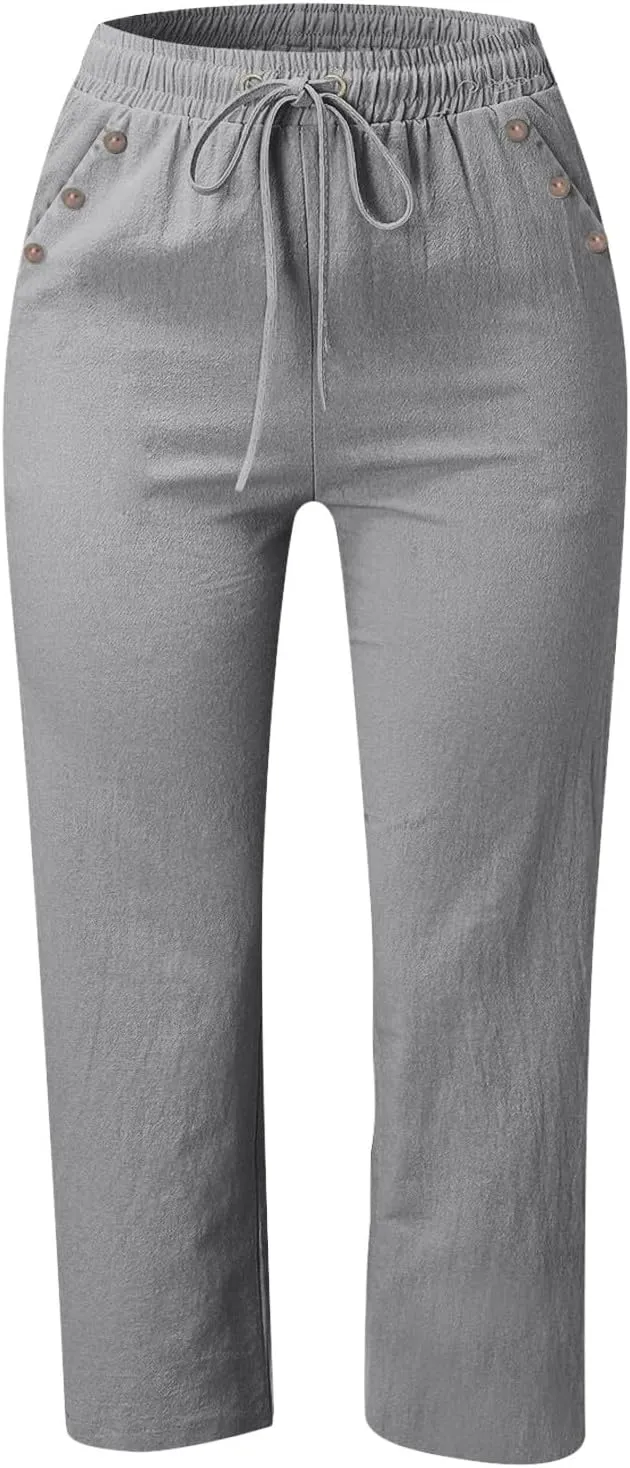 Women's Linen Cropped Pants Solid Color Relaxed Fit with Pockets, Breathable Summer Casual Capris