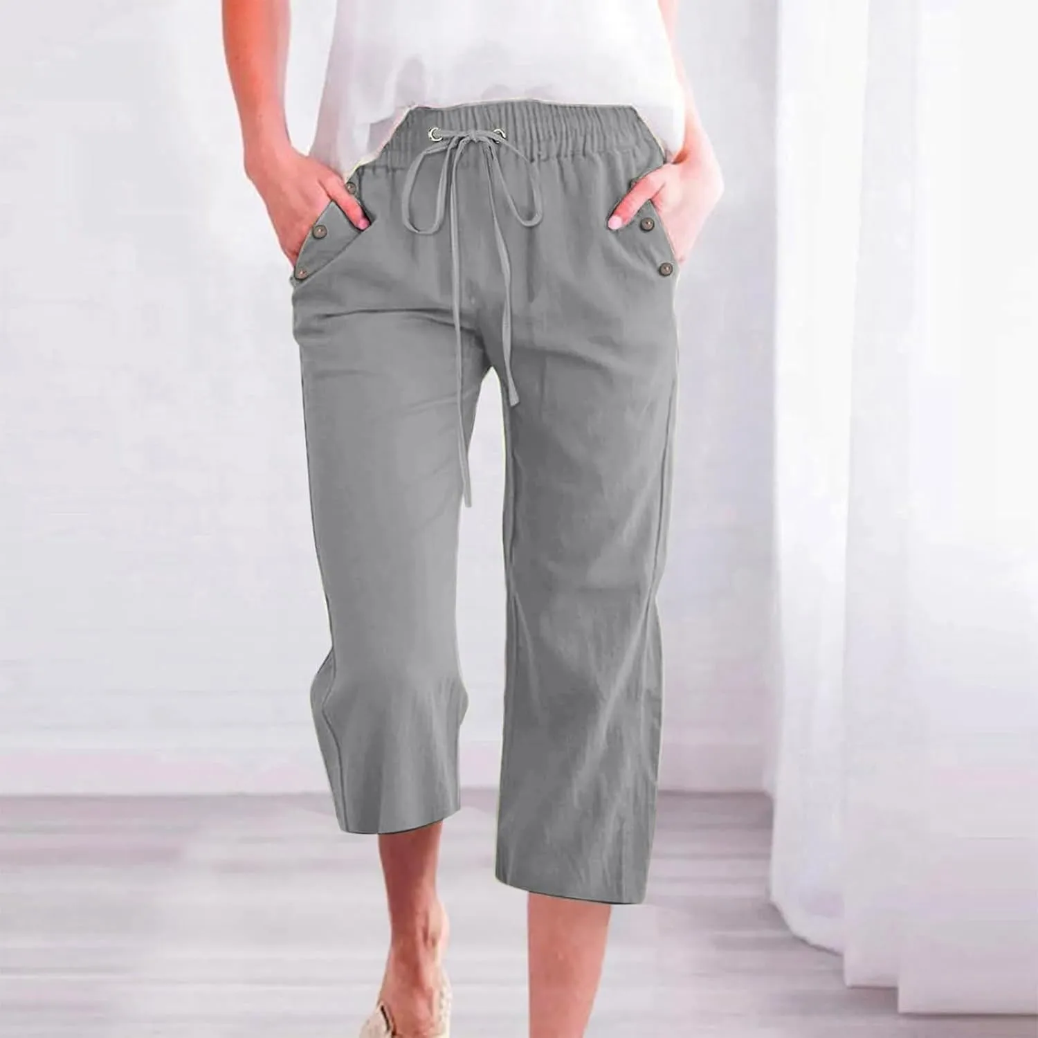 Women's Linen Cropped Pants Solid Color Relaxed Fit with Pockets, Breathable Summer Casual Capris