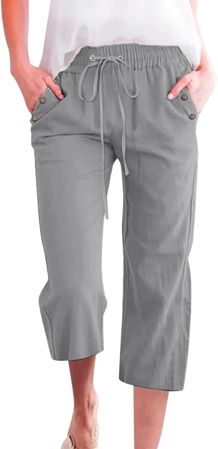 Women's Linen Cropped Pants Solid Color Relaxed Fit with Pockets, Breathable Summer Casual Capris