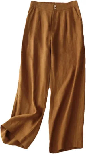 Women's Linen High Waist Wide Leg Pants  Loose Casual Straight Pants Button-Up Summer Trousers