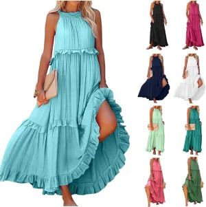 Women's Summer Casual Solid Sleeveless Hanging Neck Swing Flowy Beach Maxi Dress