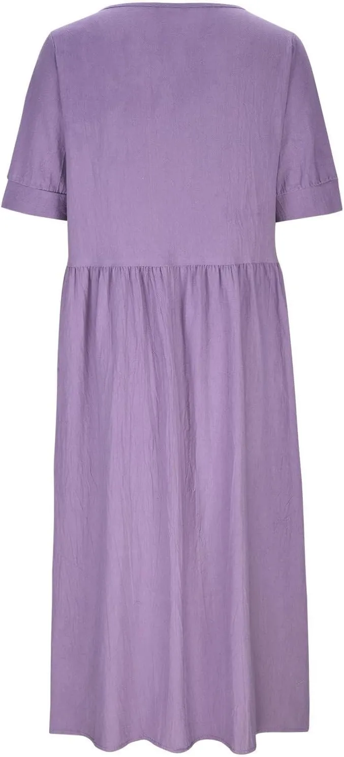 Women's Summer Cotton Linen Casual Midi Dress Plus Size Short Sleeve Flowy Beach Long Dresses Vacation Party Dresses