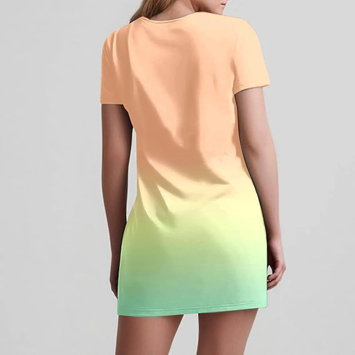 Womens Summer Dresses Casual Short Sleeve Gradient Color Dress Vacation Loose Crewneck Beach Sundress with Pocket