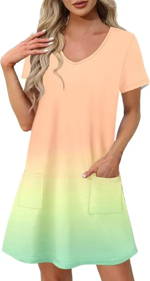 Womens Summer Dresses Casual Short Sleeve Gradient Color Dress Vacation Loose Crewneck Beach Sundress with Pocket