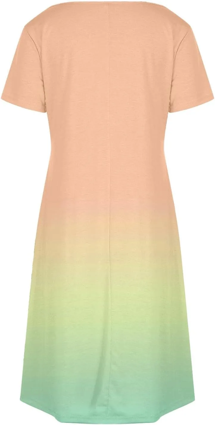 Womens Summer Dresses Casual Short Sleeve Gradient Color Dress Vacation Loose Crewneck Beach Sundress with Pocket