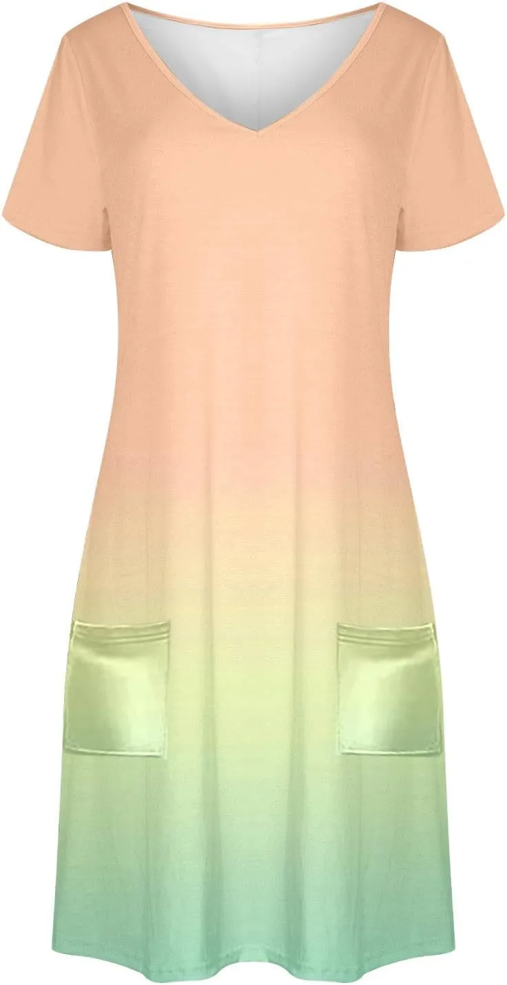 Womens Summer Dresses Casual Short Sleeve Gradient Color Dress Vacation Loose Crewneck Beach Sundress with Pocket