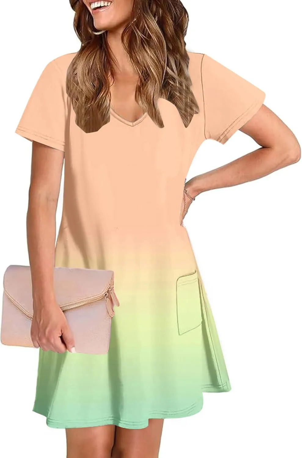 Womens Summer Dresses Casual Short Sleeve Gradient Color Dress Vacation Loose Crewneck Beach Sundress with Pocket