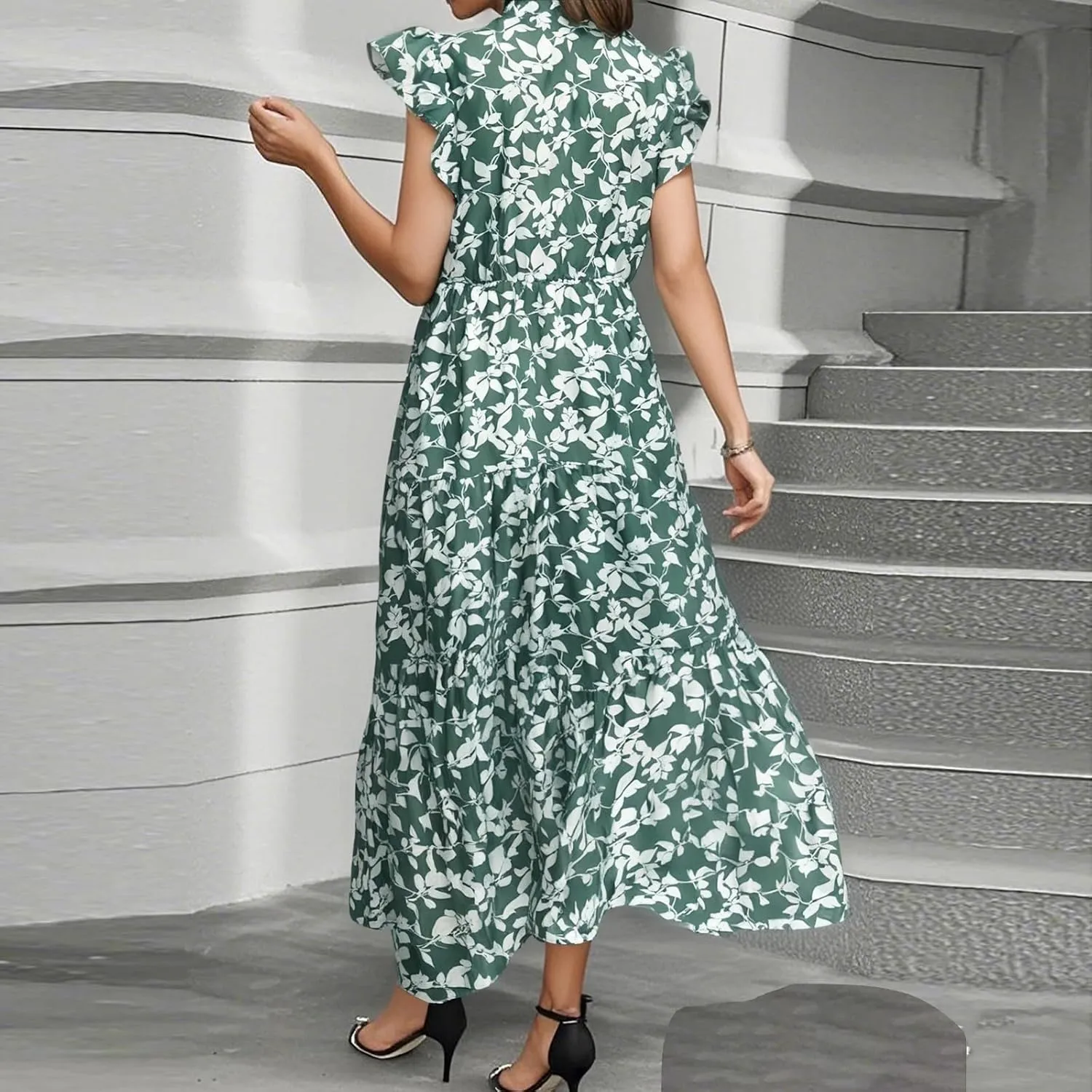Womens Summer Floral Maxi Dress 2025 Cap Sleeve V Neck Ruffle Long Flowy Boho Casual Beach Vacation Sundresses