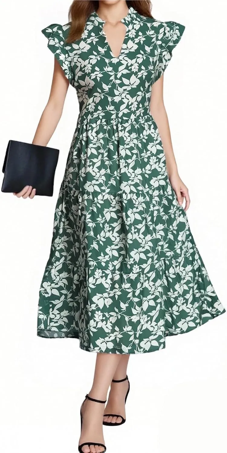 Womens Summer Floral Maxi Dress 2025 Cap Sleeve V Neck Ruffle Long Flowy Boho Casual Beach Vacation Sundresses