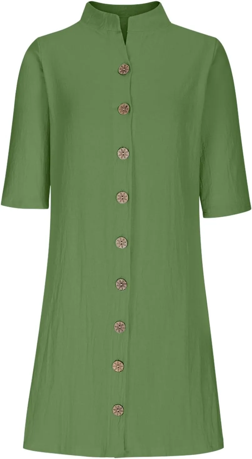 Women's Summer Shirt Dresses Loose Button Down 1/2 Sleeve Solid Color Dress 2024 Trendy Casual Lapel Midi Dresses