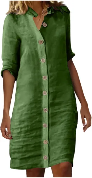 Women's Summer Shirt Dresses Loose Button Down 1/2 Sleeve Solid Color Dress 2024 Trendy Casual Lapel Midi Dresses