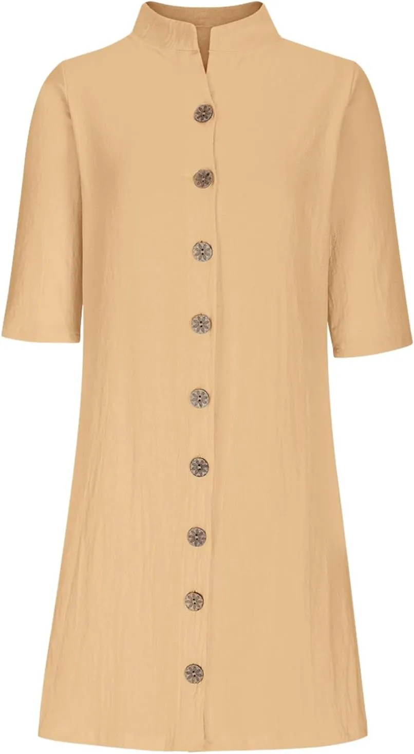 Women's Summer Shirt Dresses Loose Button Down 1/2 Sleeve Solid Color Dress 2024 Trendy Casual Lapel Midi Dresses