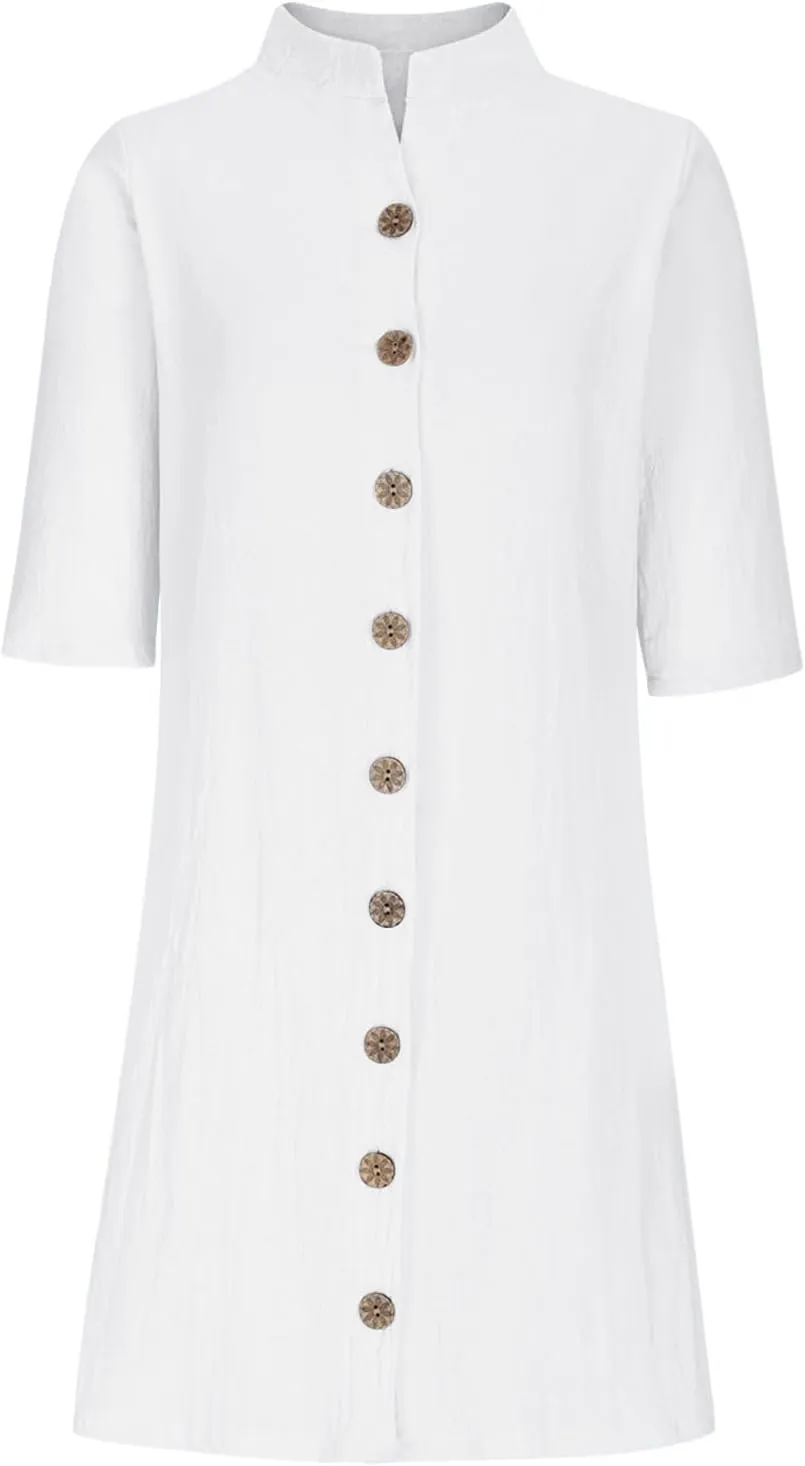 Women's Summer Shirt Dresses Loose Button Down 1/2 Sleeve Solid Color Dress 2024 Trendy Casual Lapel Midi Dresses