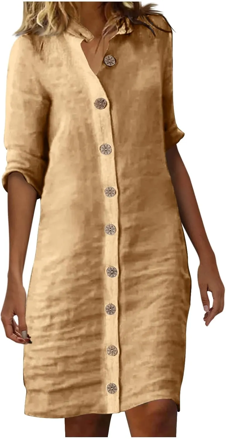 Women's Summer Shirt Dresses Loose Button Down 1/2 Sleeve Solid Color Dress 2024 Trendy Casual Lapel Midi Dresses