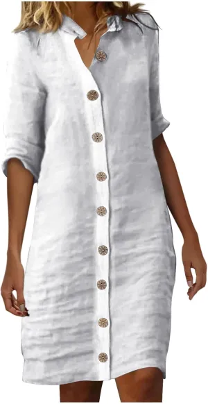 Women's Summer Shirt Dresses Loose Button Down 1/2 Sleeve Solid Color Dress 2024 Trendy Casual Lapel Midi Dresses