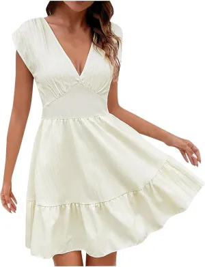 Women's V Neck Elegant Party Dress Short Sleeve High Waist Ruffle Wedding Guest Dresses A Line Flowy Mini Dress