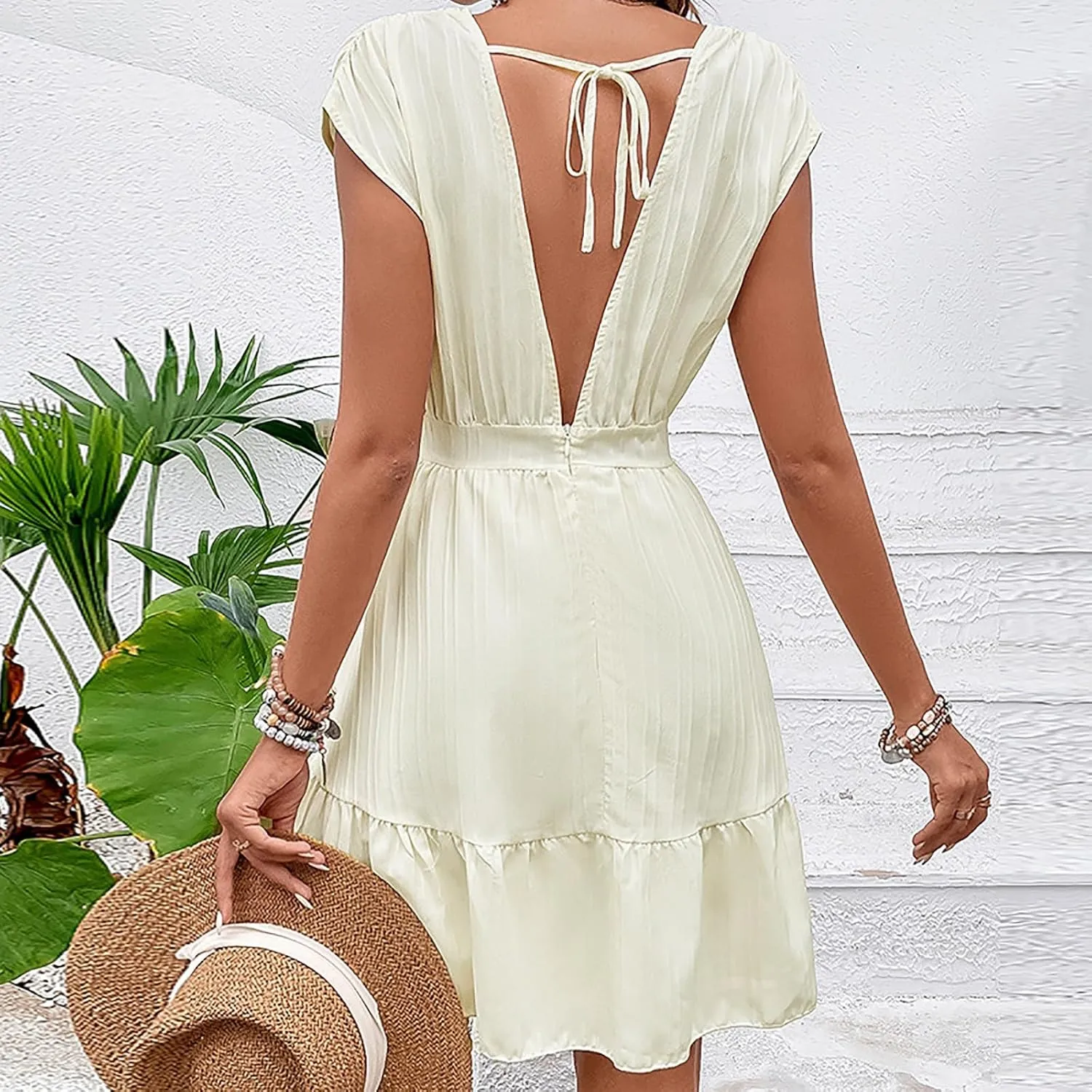 Women's V Neck Elegant Party Dress Short Sleeve High Waist Ruffle Wedding Guest Dresses A Line Flowy Mini Dress