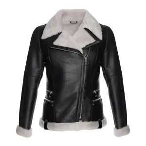 Women's White Faux Fur Merino Shearling Black Leather Jacket
